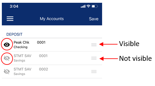 Screen shot of Mobile Banking - showing "visible" and "not visible" accounts