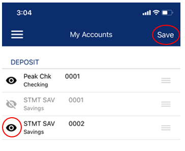 Screen shot of Mobile Banking "save" button