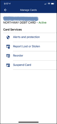 image of Northway Bank mobile banking app - manage cards options