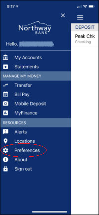 image of Northway Bank mobile banking app - preferences selection
